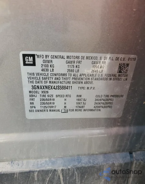 2018 Chevrolet Equinox Premier из США, поврежденный, VIN 3GNAXNEX4JS588411